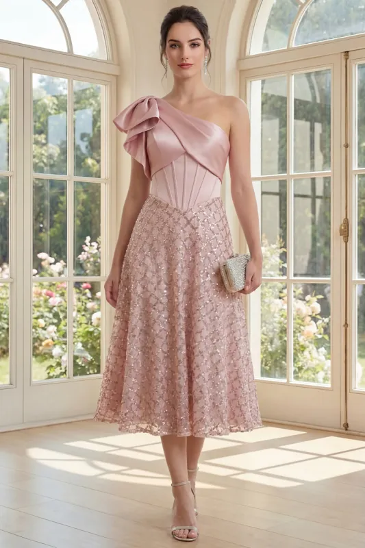 Sparkly One Shoulder Blush Ruched A Line Midi Dress made by Zapaka
