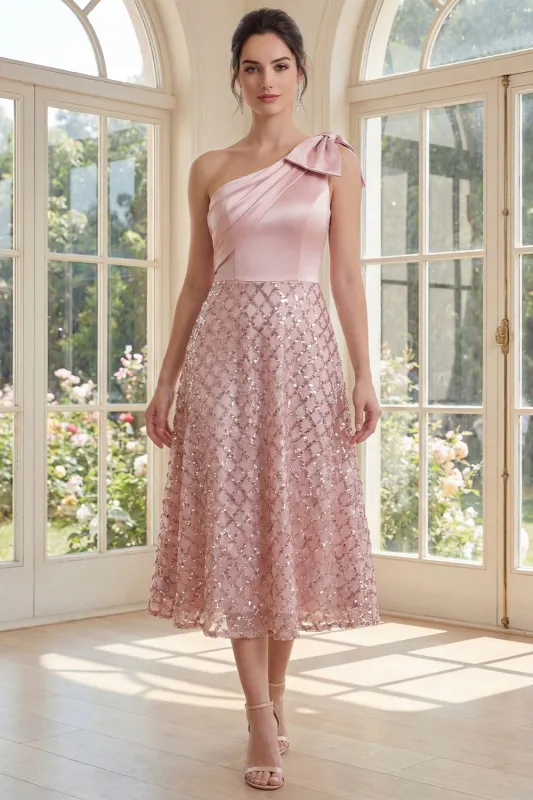 Sparkly One Shoulder Sequin Blush A Line Midi Dress with Bow made by Zapaka