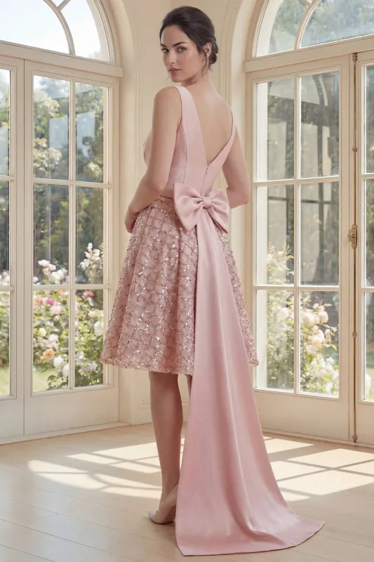 Sparkly Blush V Neck A Line Ruched Midi Dress with Large Bow made by Zapaka