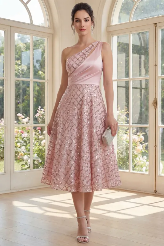 Sparkly One Shoulder Blush A Line Bowed Midi Dress made by Zapaka