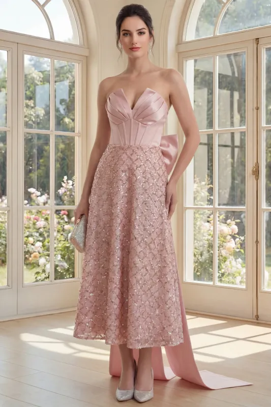Strapless Blush Corset A Line Bowed Midi Dress made by Zapaka