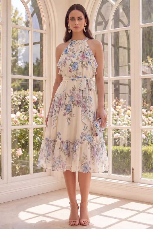 Floral Halter Apricot A Line Ruffled Beach Midi Dress with Bow made by Zapaka