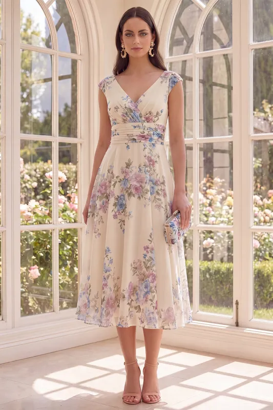Ruched Apricot V-Neck Floral A Line Beach Midi Dress made by Zapaka