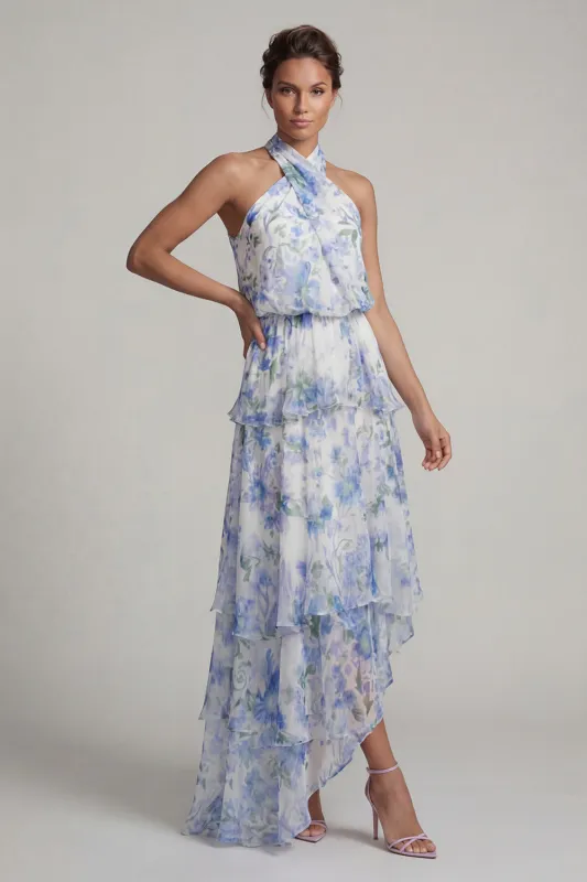 Halter Asymmetrical Light Blue A Line Floral Dress with Ruffles made by Zapaka