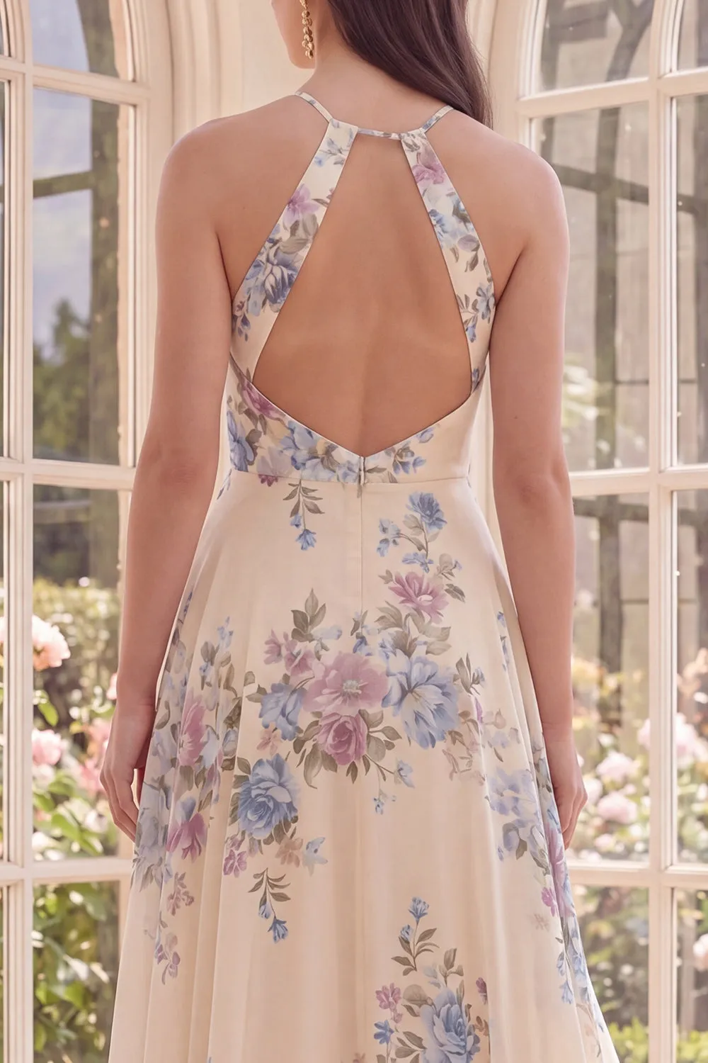 A Line Halter Apricot Floral Ruffled Open Back Beach Maxi Dress with Slit sold by Zapaka product image thumbnail 4