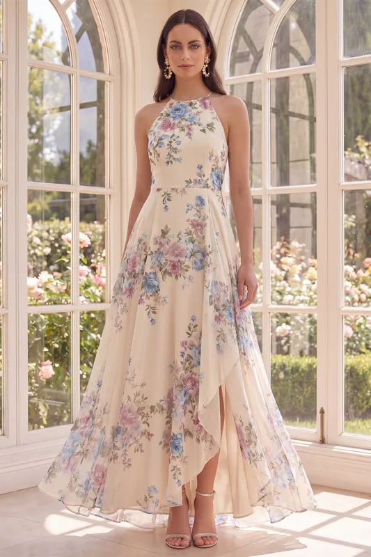 A Line Halter Apricot Floral Ruffled Open Back Beach Maxi Dress with Slit made by Zapaka