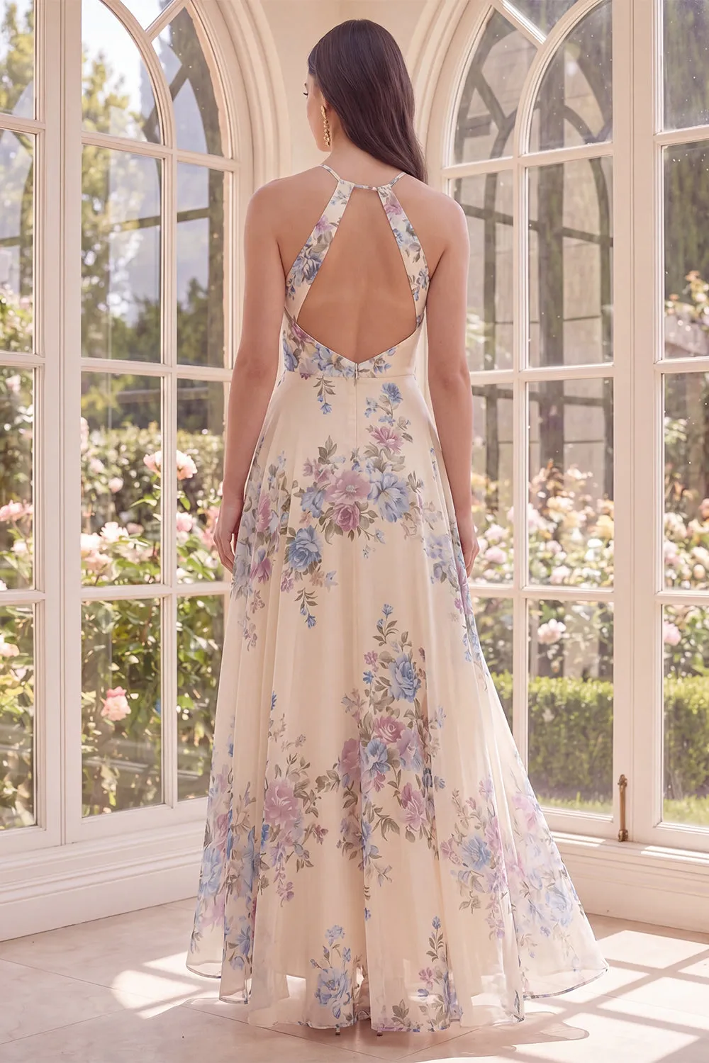 A Line Halter Apricot Floral Ruffled Open Back Beach Maxi Dress with Slit sold by Zapaka product image thumbnail 2