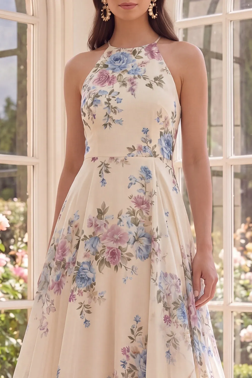 A Line Halter Apricot Floral Ruffled Open Back Beach Maxi Dress with Slit sold by Zapaka product image thumbnail 3