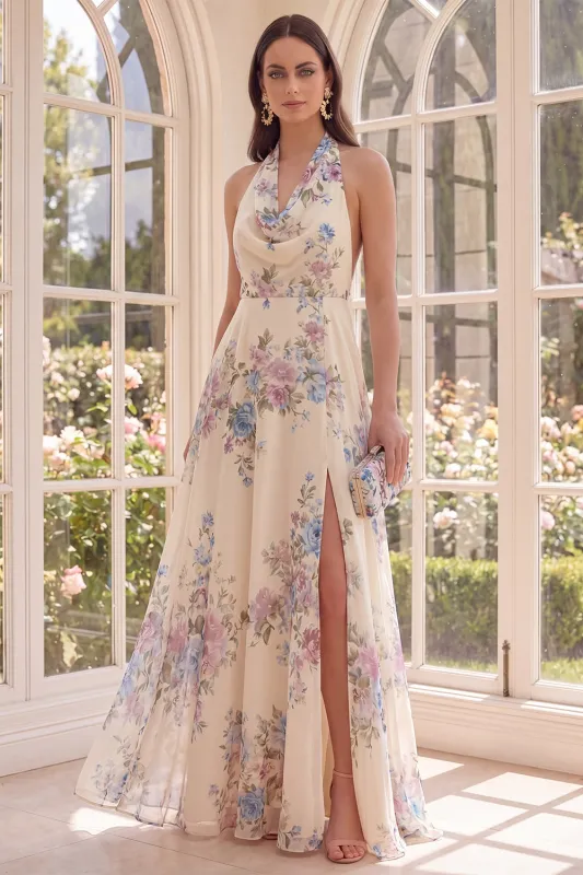 Halter Backless Apricot Floral A Line Maxi Beach Maxi Dress with Slit made by Zapaka