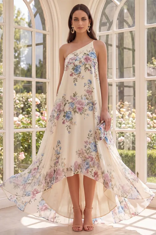 Apricot One Shoulder A Line High Low Beach Floral Dress made by Zapaka