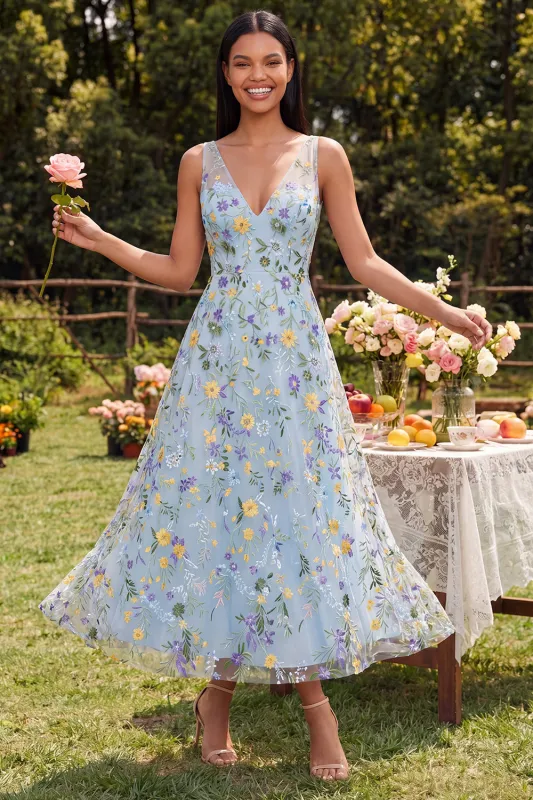 Blue Floral V Neck A Line Maxi Dress made by Zapaka