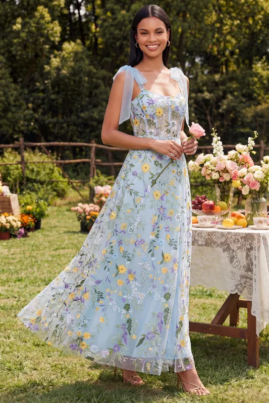 Blue Floral Corset A Line Maxi Dress with Slit made by Zapaka