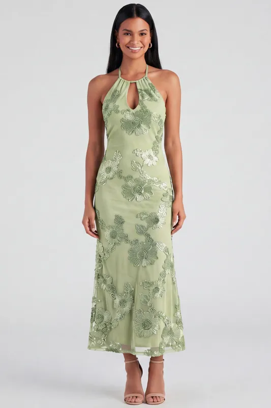 Sage Halter Neck Mermaid Midi Dress with Floral Embroidery made by Zapaka