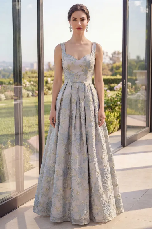 A Line Dusty Blue Floral Thick Straps Jacquard Maxi Dress made by Zapaka