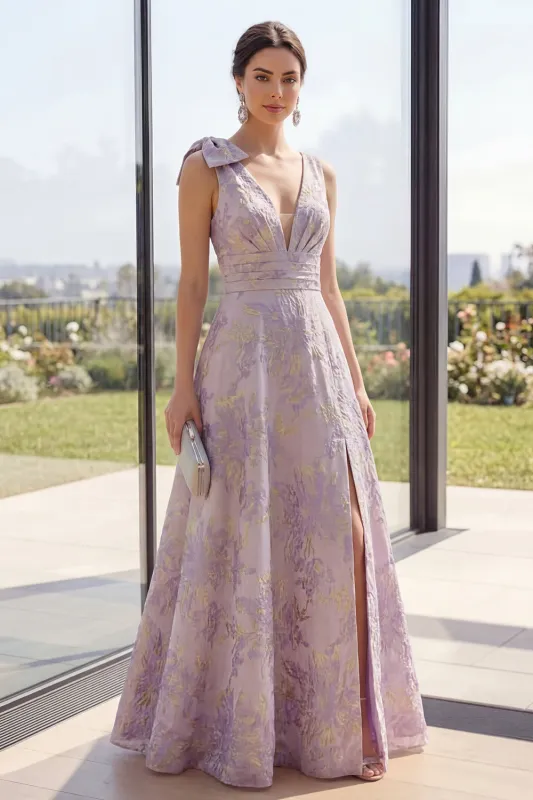 Dusty Lilac Ruched Jacquard A Line V-Neck Floral Maxi Dress with Slit made by Zapaka