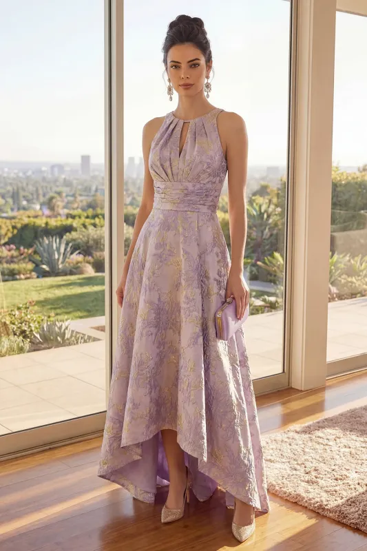 Dusty Lilac Ruched Keyhole Jacquard A Line High Low Floral Dress made by Zapaka