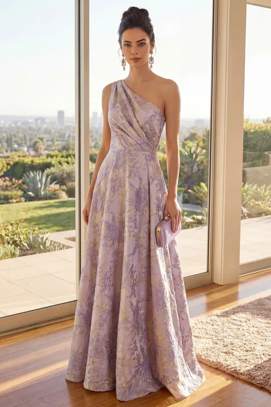 Dusty Lilac One Shoulder Ruched A Line Jacquard Floral Maxi Dress made by Zapaka