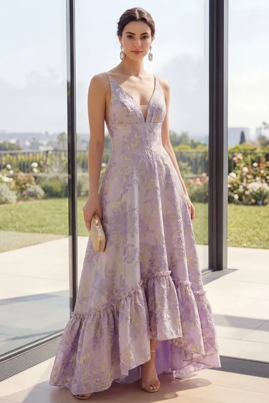 Dusty Lilac Jacquard V-Neck Backless A Line Maxi Floral Dress made by Zapaka