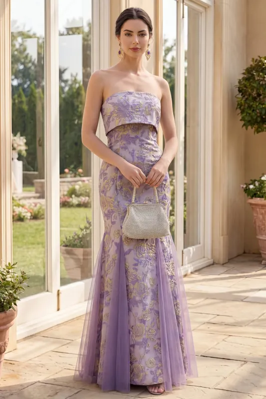 Dusty Lilac Jacquard Mermaid Strapless Floral Maxi Dress made by Zapaka