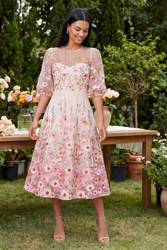 Pink A-Line Round Neck Embroidered Midi Floral Dress with Half Sleeves made by Zapaka
