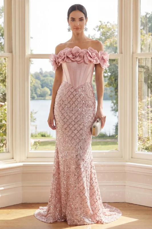 Off the Shoulder Blush Sequin Mermaid Corset Maxi Dress with 3D Flowers made by Zapaka