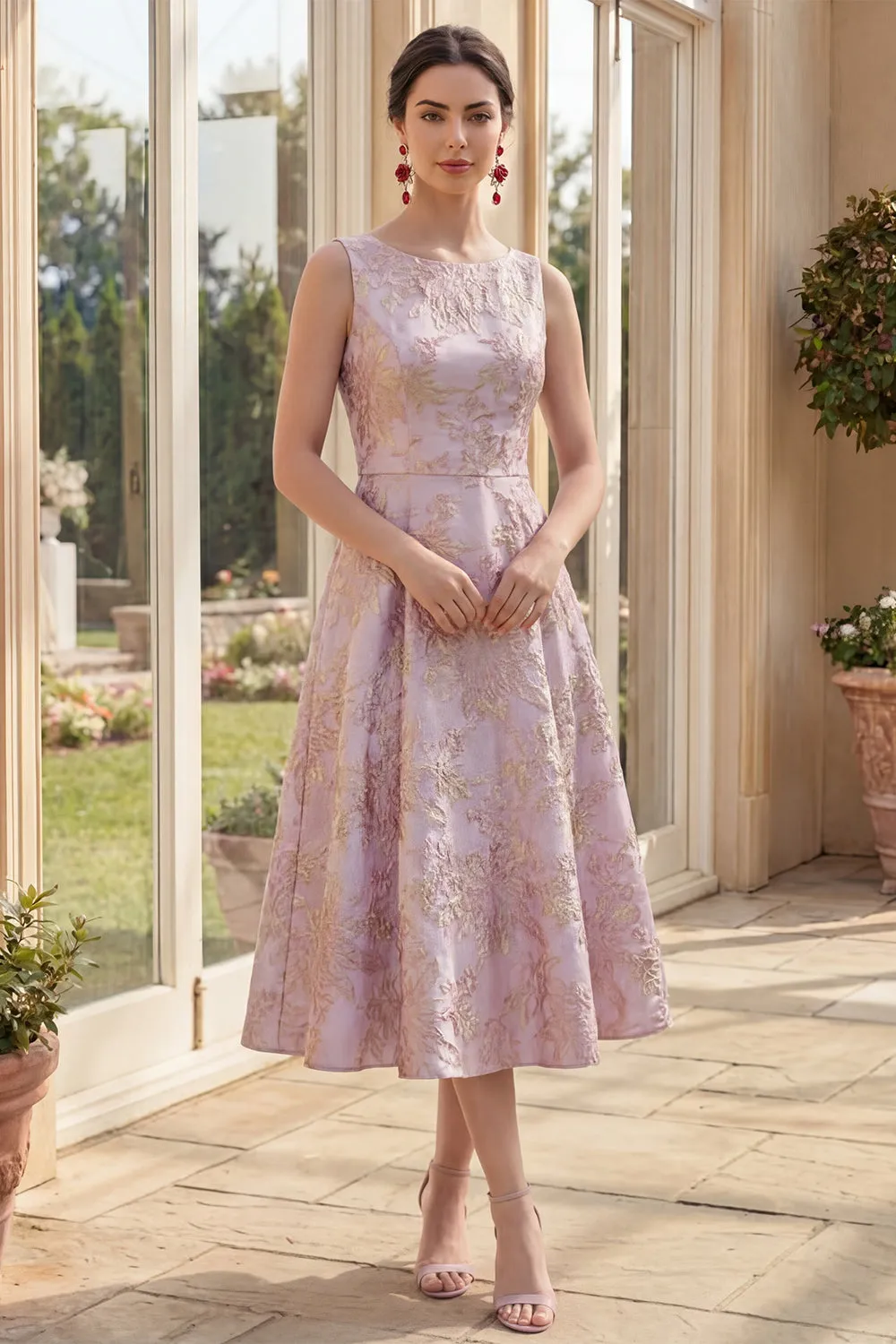 Dusty Lilac A Line Jacquard Boat Neck Midi Floral Dress sold by Zapaka