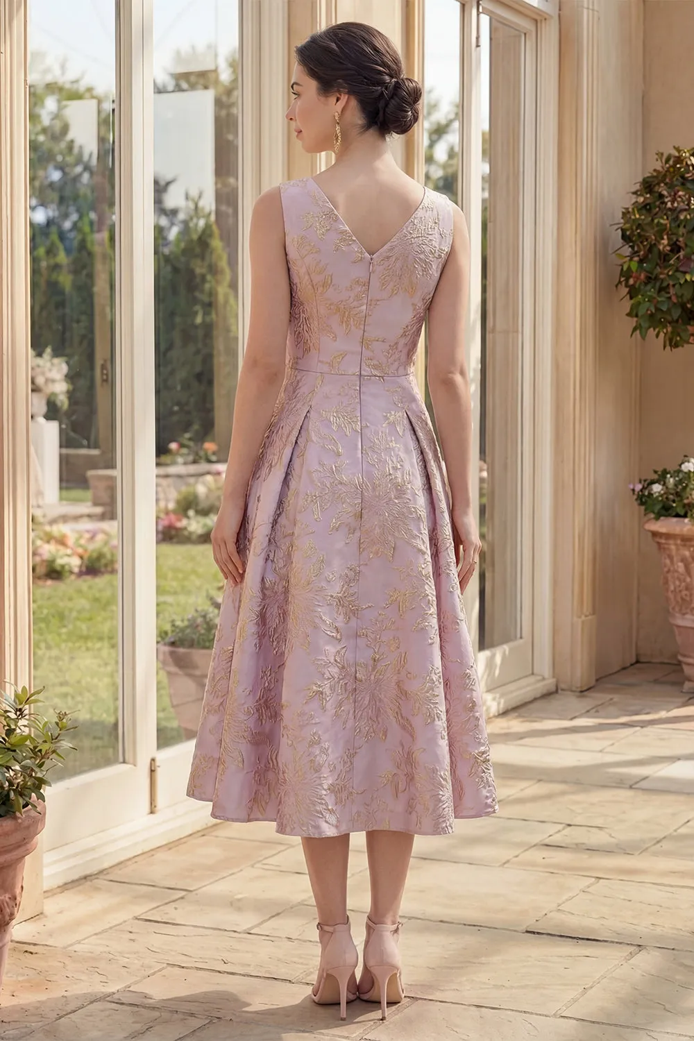 Dusty Lilac A Line Jacquard Boat Neck Midi Floral Dress sold by Zapaka product image thumbnail 2