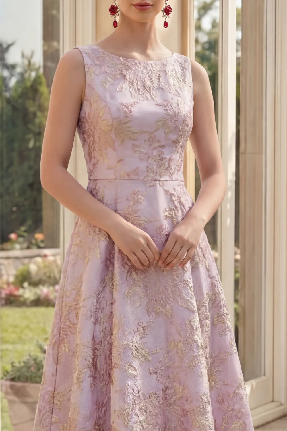 Dusty Lilac A Line Jacquard Boat Neck Midi Floral Dress sold by Zapaka product image thumbnail 3
