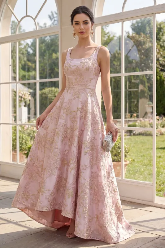 Blush A-Line Square Neck Jacquard Maxi Floral Dress made by Zapaka