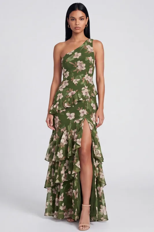 One Shoulder Dark Green Mermaid Tiered Ruffle Floral Dress with Slit made by Zapaka