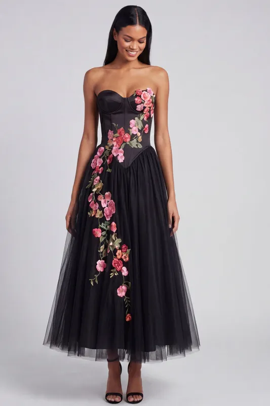 A-Line Black Sweetheart Tulle Floral Long Formal Dress made by Zapaka