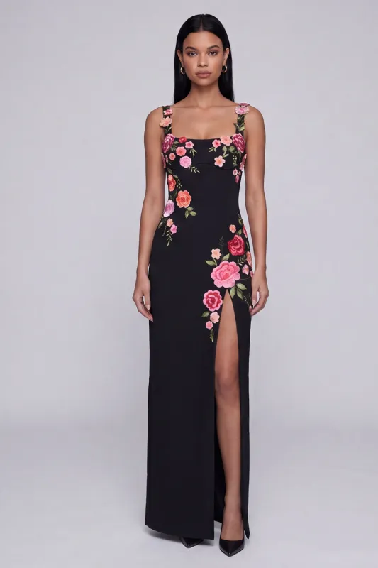 Black Floral Square Neck Sheath Long Formal Dress with Slit made by Zapaka