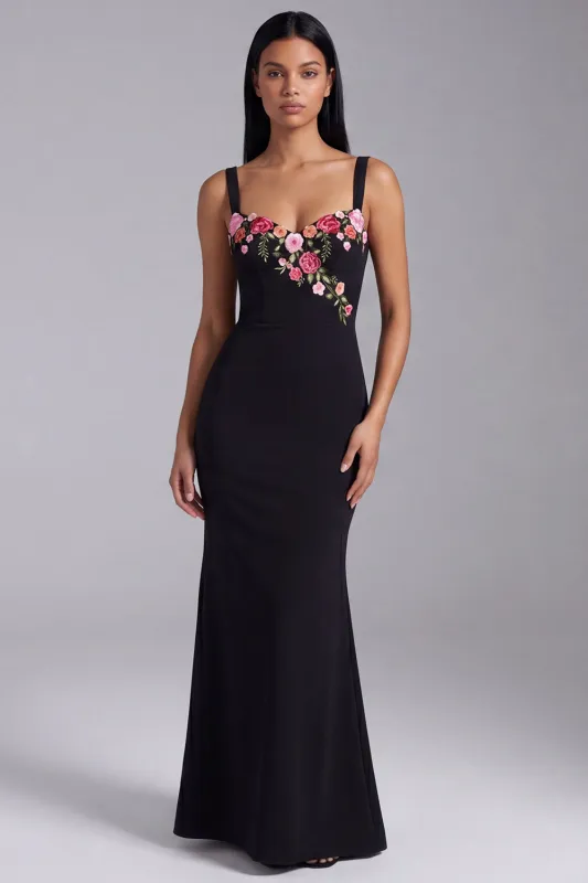 Black Mermaid Floral Square Neck Long Formal Dress made by Zapaka