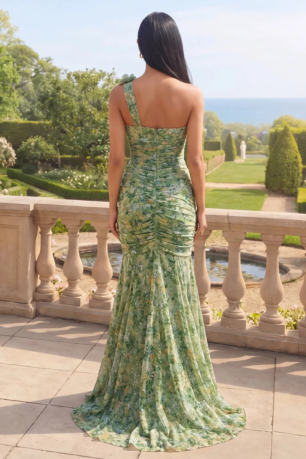 Dusty Green One Shoulder Mermaid Ruched Formal Dress with 3D Flowers sold by Zapaka product image thumbnail 2