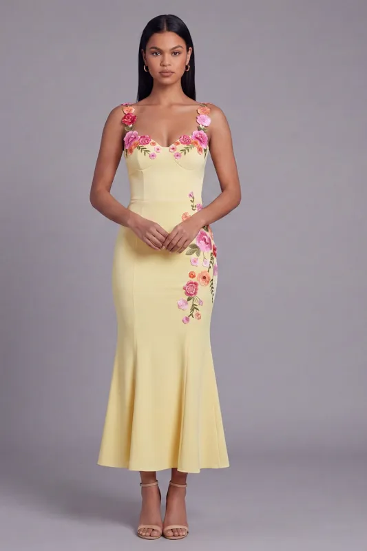 Light Yellow Mermaid Long Floral Dress with Appliques made by Zapaka