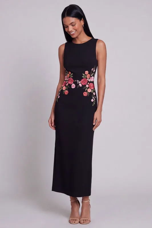 Black Sheath Round Neck Floral Long Formal Dress made by Zapaka