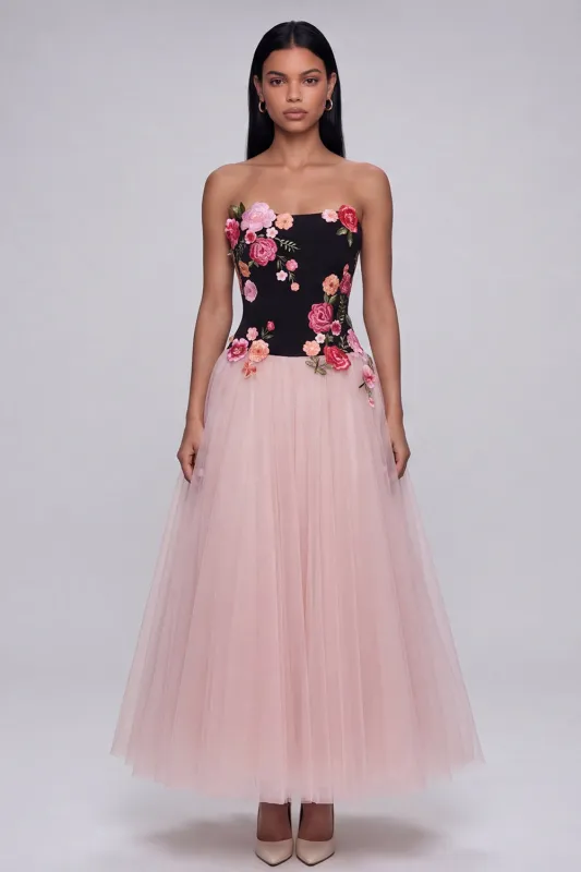 A-Line Black and Pink Strapless Tulle Long Floral Dress made by Zapaka