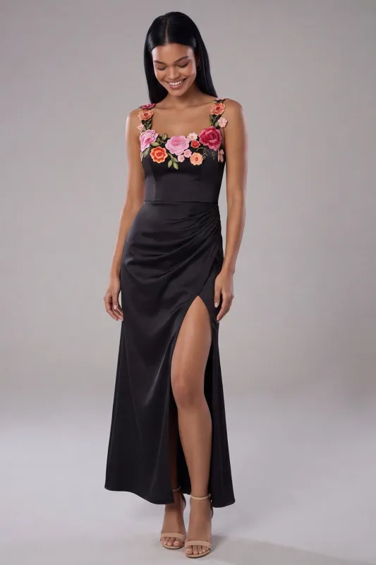 Black Square Neck Ruched Satin Sheath Long Floral Dress with Slit made by Zapaka
