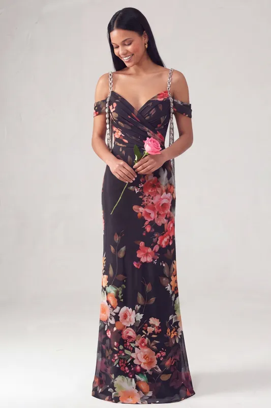 Black Cold Shoulder Floral Mermaid Ruched Formal Dress made by Zapaka