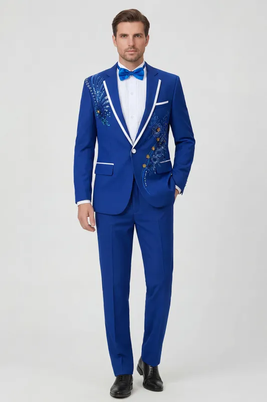 Blue One Button Notch Lapel Beaded Men's Prom Suits made by Zapaka