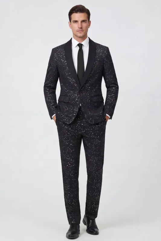 2 Piece Black One Button Shawl Lapel Glitter Men's Suits made by Zapaka