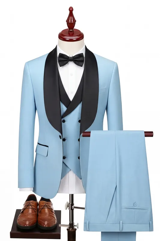 Light Blue 3 Piece Shawl Lapel One Button Men's Prom Suits made by Zapaka