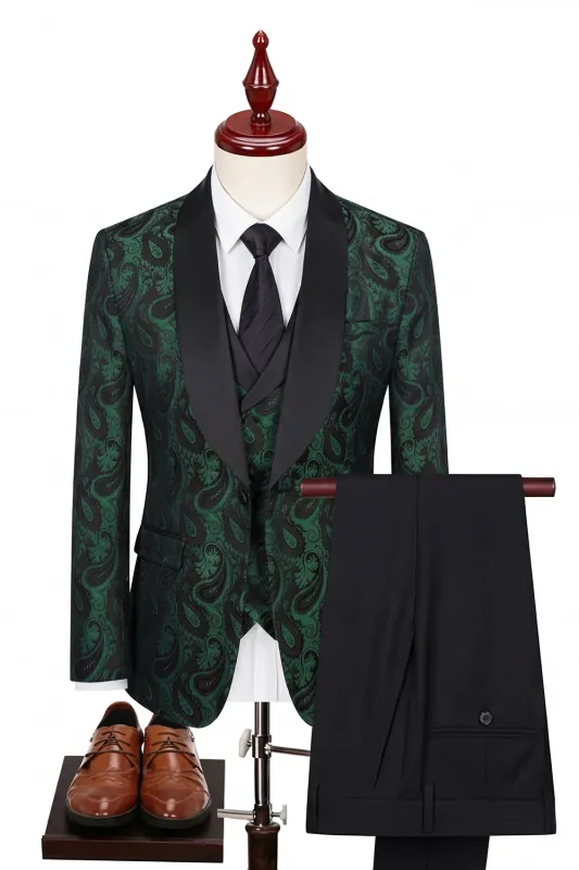 3 Piece Dark Green Shawl Lapel One Button Men's Prom Suits made by Zapaka