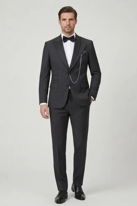 Black 2 Piece Single Breasted Peak Lapel Men's Wedding Suits made by Zapaka