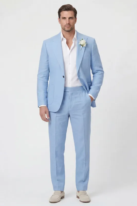 Sky Blue Peak Lapel One Button 2 Piece Linen Blend Men's Wedding Suits made by Zapaka