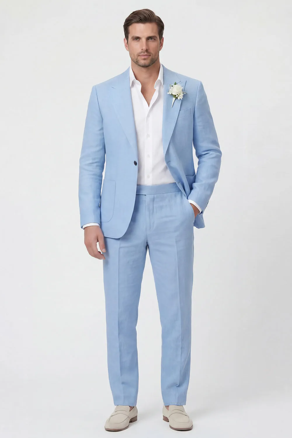 Sky Blue Peak Lapel One Button 2 Piece Linen Blend Men's Wedding Suits sold by Zapaka
