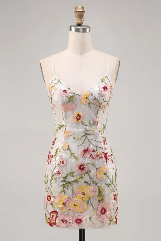 Sparkly Ivory Spaghetti Straps Bodycon Floral Sequins Homecoming Dress made by Zapaka