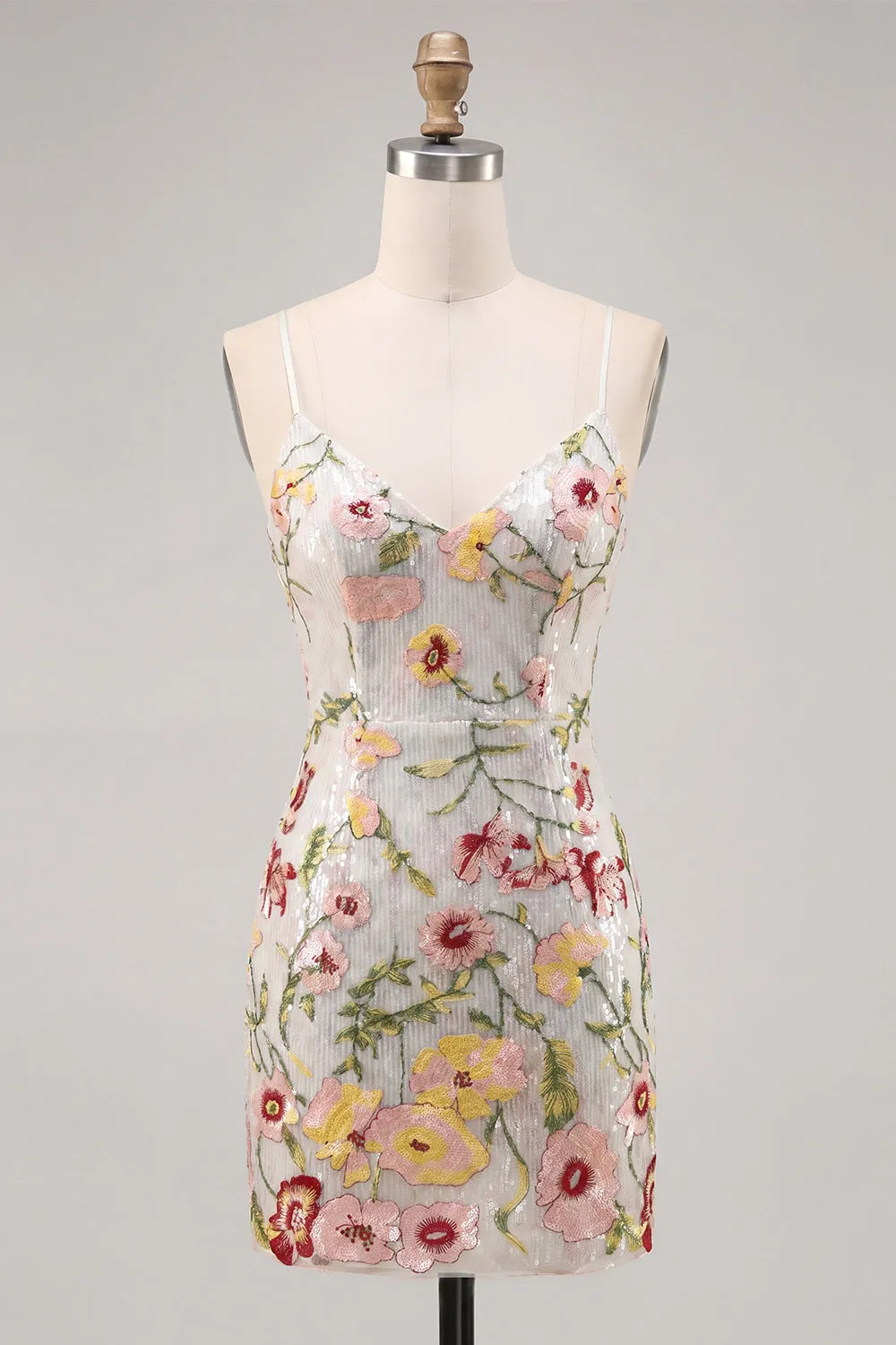 Sparkly Ivory Spaghetti Straps Bodycon Floral Sequins Homecoming Dress sold by Zapaka