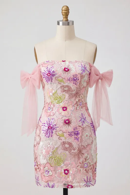 Off the Shoulder Pink Bodycon Floral Sequins Homecoming Dress with Bow made by Zapaka