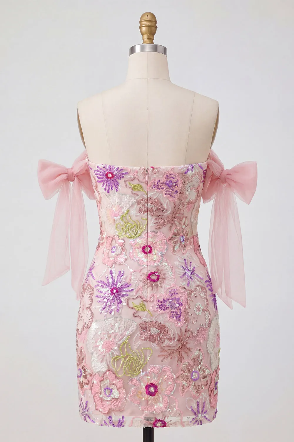 Off the Shoulder Pink Bodycon Floral Sequins Homecoming Dress with Bow sold by Zapaka product image thumbnail 2
